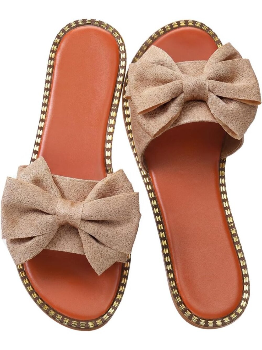 Women's Light Brown Bow Knot Slides Cute Open Toe Polyester Flat Slip On Slipper